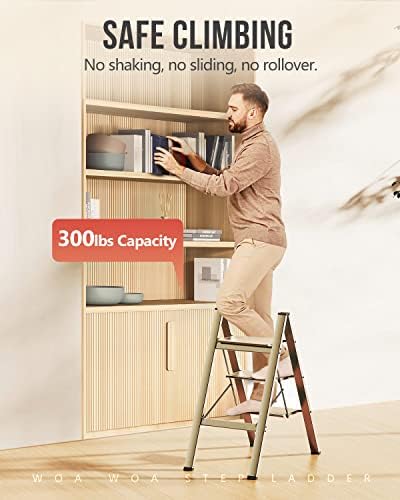 WOA WOA 3 Step Ladder, Foldable Step Stool, Aluminum Lightweight Ladder for Home Kitchen Closet, Anti-Slip Pedals, Ease of Folding, Portable, 300lbs Capacity - Gold - Image 4