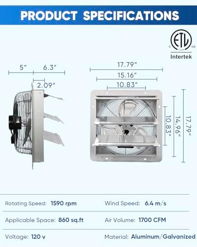 KEN BROWN 14 Inch Shutter Exhaust Fan, High Speed 1520CFM, Wall Mounted with 1.65m Power Cord, for Garages, Attics, Greenhouses, Sheds, and Shops - Image 3