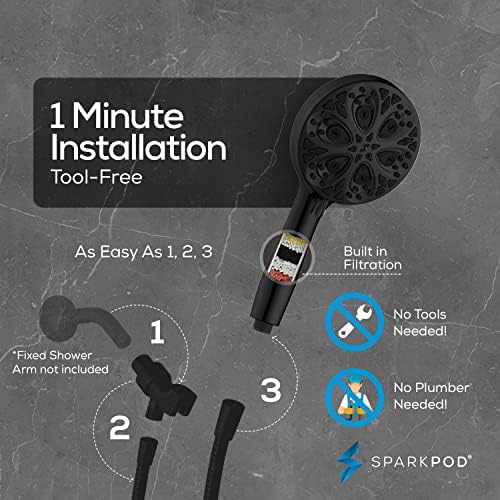 SparkPod 10-Mode Handheld Shower Head with Filter - 5" High Pressure Filtered Shower Head with Touch-to-Clean Nozzles, Built-In Power Jet, Stainless Steel 6ft Hose & Bracket (Black Matte) - Image 7