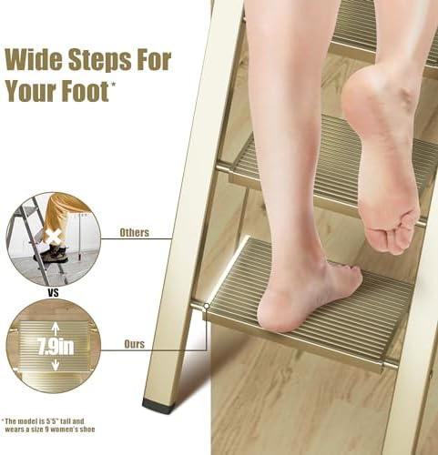 6 Step Ladder, Folding Step Stool with Handgrip and Anti-Slip Wide Pedal, Portable Lightweight Aluminum Stepladder for Kitchen, Home, Library, Office (300 lbs Capacity) - Gold - Image 3