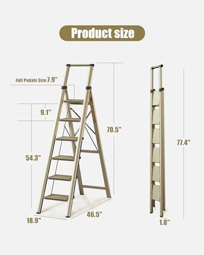 6 Step Ladder, Folding Step Stool with Handgrip and Anti-Slip Wide Pedal, Portable Lightweight Aluminum Stepladder for Kitchen, Home, Library, Office (300 lbs Capacity) - Gold - Image 8
