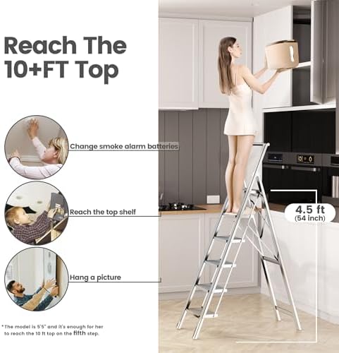 6 Step Ladder, Folding Step Stool with Handgrip and Anti-Slip Wide Pedal, Portable Lightweight Aluminum Stepladder for Kitchen, Home, Library, Office (300 lbs Capacity) - White - Image 2