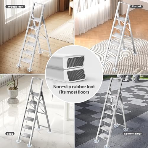 6 Step Ladder, Folding Step Stool with Handgrip and Anti-Slip Wide Pedal, Portable Lightweight Aluminum Stepladder for Kitchen, Home, Library, Office (300 lbs Capacity) - White - Image 6