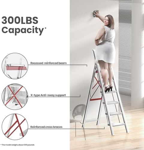 6 Step Ladder, Folding Step Stool with Handgrip and Anti-Slip Wide Pedal, Portable Lightweight Aluminum Stepladder for Kitchen, Home, Library, Office (300 lbs Capacity) - White - Image 7
