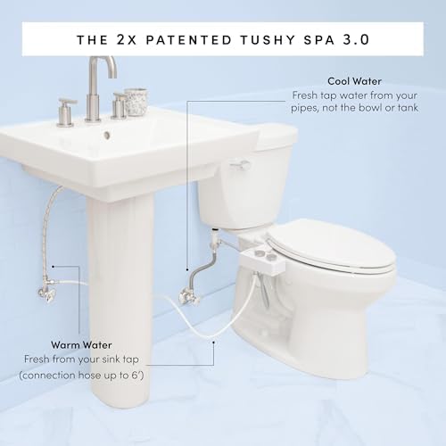 TUSHY Spa Self-Cleaning Warm Water Toilet Bidet Attachment. Adjustable Nozzle, Angle & Pressure Control. Easy DIY Home Install, Requires Sink Access for Optional Warm Water Control. (Biscuit/Platinum) - Image 3