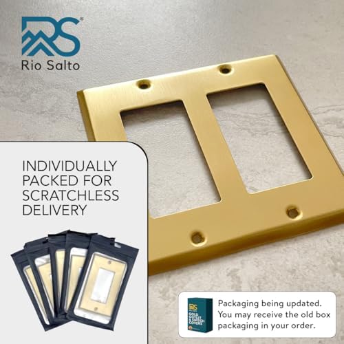 Rio Salto BRASS Metal Gold Double Light Switch Wall Plate or Outlet Cover Wall Plate, STANDARD SIZE. Corrosion Resistant Receptacle Wallplate Rocker Covers Decora 2-Gang Brushed Brass 4.6" x 4.6" - Image 2