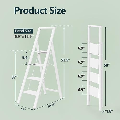 WOA WOA 4 Step Ladder, Ladders for Home, Anti-Slip Pedals, Aluminum Step Stool Foldable, Lightweight to Move, Ease of Storage, Reach 9ft for Closet Kitchen Library, Hold 300lbs - White - Image 6