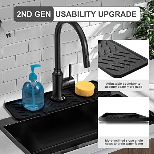 Meiliweser Silicone Faucet Splash Guard Gen 2 - Outlet & Slope Upgraded Faucet Water Catcher Mat - 18” x 5.1” - Sink Sponge Holder for Kitchen, Bathroom(Black) - Image 3