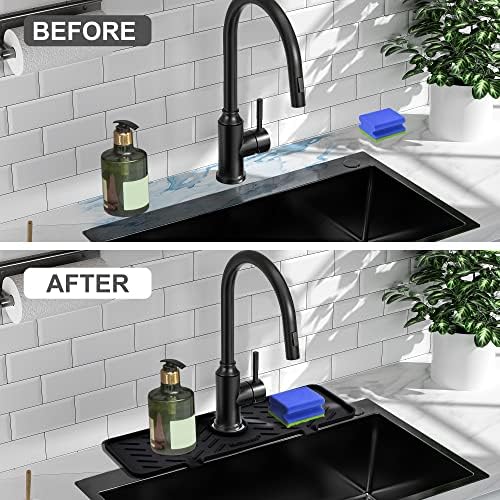 Meiliweser Silicone Faucet Splash Guard Gen 2 - Outlet & Slope Upgraded Faucet Water Catcher Mat - 18” x 5.1” - Sink Sponge Holder for Kitchen, Bathroom(Black) - Image 5