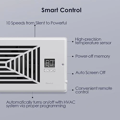 Quiet Register Booster Fan Fits 4" x 10" Register Holes, 10-Speed Smart Heating Cooling AC Vent Fan with Remote Control and Thermostat Control - White - Image 4