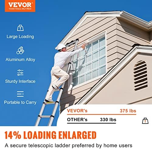 VEVOR Telescoping Ladder, 12.5 FT Aluminum One-Button Retraction Collapsible Extension Ladder, 375 LBS Capacity w/Non-Slip Feet, Portable Multi-Purpose Compact Ladder for Home, RV, Loft, ANSI Listed - Image 2