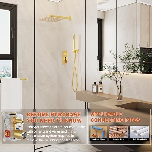 Shower System, Gold Shower Faucet Set with 12-Inch Rain Showerhead and Handheld Spray, Wall Mounted High-Pressure Showerhead Combo Set Included Valve and Trim, Brushed Gold - Image 2