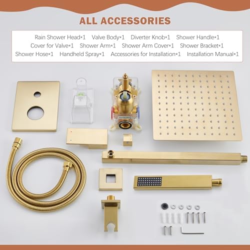 Shower System, Gold Shower Faucet Set with 12-Inch Rain Showerhead and Handheld Spray, Wall Mounted High-Pressure Showerhead Combo Set Included Valve and Trim, Brushed Gold - Image 8