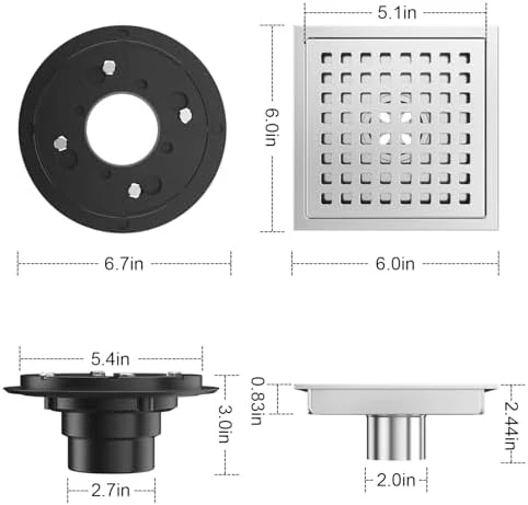 EXF 6 Inch Square Shower Drain Chrome, Stainless Steel Shower Floor Drain Kit with ABS Flange, Removable Grid Cover, Hair Strainer - Image 2