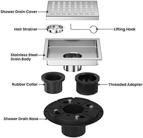 EXF 6 Inch Square Shower Drain Chrome, Stainless Steel Shower Floor Drain Kit with ABS Flange, Removable Grid Cover, Hair Strainer - Image 3