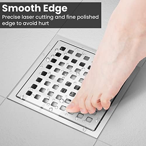 EXF 6 Inch Square Shower Drain Chrome, Stainless Steel Shower Floor Drain Kit with ABS Flange, Removable Grid Cover, Hair Strainer - Image 4
