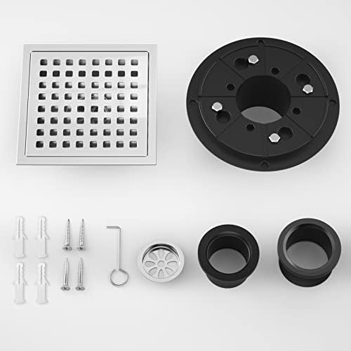EXF 6 Inch Square Shower Drain Chrome, Stainless Steel Shower Floor Drain Kit with ABS Flange, Removable Grid Cover, Hair Strainer - Image 8
