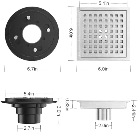 EXF 6 Inch Square Shower Drain Brushed Nickel, Stainless Steel Shower Floor Drain Kit with ABS Flange, Removable Grid Cover, Hair Strainer - Image 4