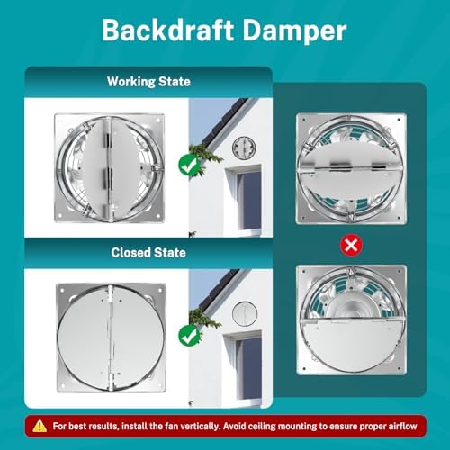 HG Power 8 Inch Kitchen Exhaust Fan, 576CFM Metal Attic Exhaust Fan, Wall Mounted Garage Ventilation Fan, Basement Extractor Fans with Backdraft Damper for Home Office Commercial Use, Silver - Image 5