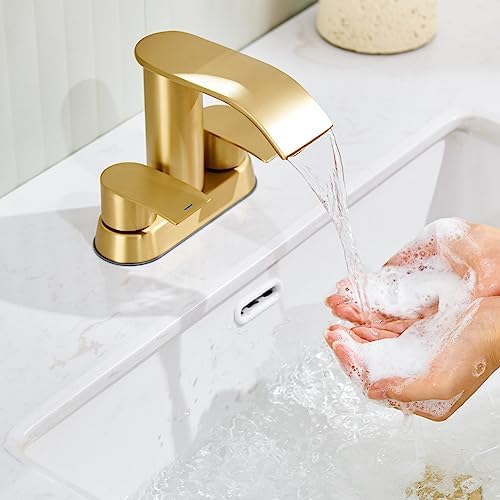 Ultimate Unicorn Bathroom Faucet for Sink Brushed Gold, 4 Inch Bathroom Sink Faucet for 3 Hole or 2 Hole, 2 Handle Waterfall Faucets with Pop up Drain, Centerset Faucets for RV Counter - Image 4