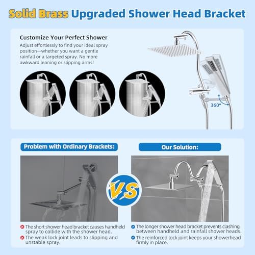 Hibbent All Metal Shower Head, 10'' High Pressure Rainfall Shower Head, Showerhead Combo, Handheld Shower Wand, 12'' Adjustable Curved Shower Extension Arm, 71'' Hose, Shower Head Holder, Chrome - Image 2