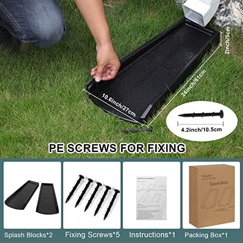 Rain Gutter Downspout Splash Block, Gutter Downspout Extensions for Water Drainage, 24" Gutter Splash Guards Downspout Extender, Fixable Down spout Drain Trays with PE Nails(2 Pack, Black) - Image 6