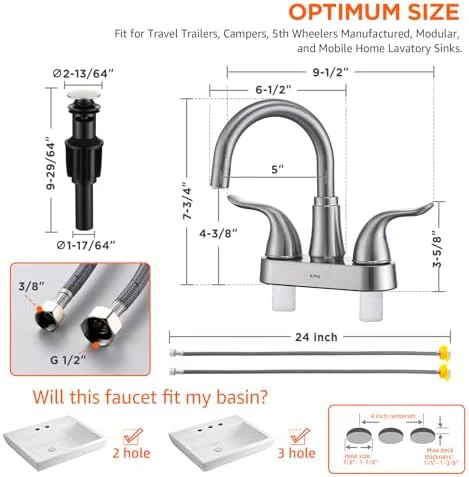 KPW Bathroom Sink Faucet 2 or 3 Hole Brushed Nickel Centerset 4 Inch Bathroom Sink Faucet 2 Handle Over ABS Non-Metallic Lavatory Bathroom Faucet with Pop up Drain Water Supply Hoses - Image 2