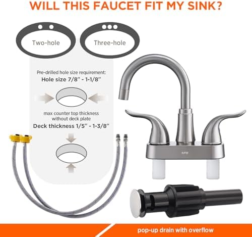 KPW Bathroom Sink Faucet 2 or 3 Hole Brushed Nickel Centerset 4 Inch Bathroom Sink Faucet 2 Handle Over ABS Non-Metallic Lavatory Bathroom Faucet with Pop up Drain Water Supply Hoses - Image 3