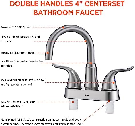 KPW Bathroom Sink Faucet 2 or 3 Hole Brushed Nickel Centerset 4 Inch Bathroom Sink Faucet 2 Handle Over ABS Non-Metallic Lavatory Bathroom Faucet with Pop up Drain Water Supply Hoses - Image 4