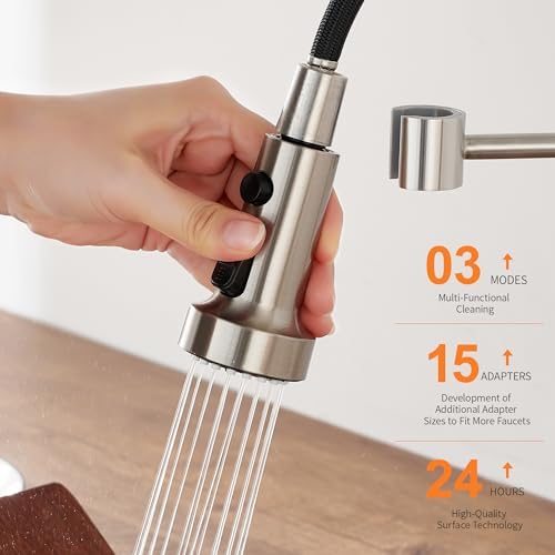 Pull Down Spray Head Replacement - for Kitchen Faucet Sprayer Head with 15 Adapters, 3 Function Pull Out Faucet Spray Nozzle, Brushed Nickel - Image 3