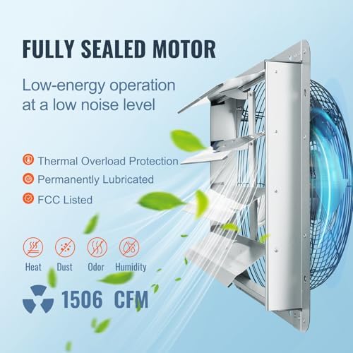 VEVOR Shutter Exhaust Fan, 16'' with High Speed, AC-motor, 2000 CFM, Wall Mount Attic Fan, Ventilation and Cooling for Greenhouses, Garages, Sheds, FCC - Image 3