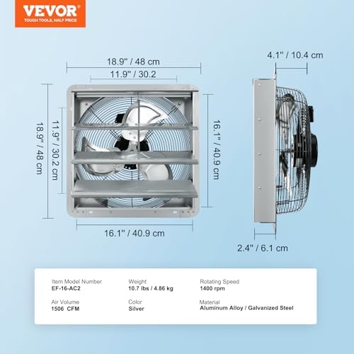 VEVOR Shutter Exhaust Fan, 16'' with High Speed, AC-motor, 2000 CFM, Wall Mount Attic Fan, Ventilation and Cooling for Greenhouses, Garages, Sheds, FCC - Image 7