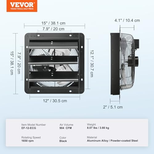 VEVOR 12-Inch Exhaust Fan with Temperature Humidity Controller, 940 CFM, 10-Speed Adjustable, ETL Listed, Black - Image 7