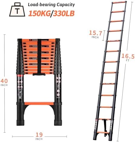 16.5FT Telescoping Ladder, Portable Extension Folding Ladder, Multi-Purpose Compact Ladder for Household or Outdoor Work, 330lbs Max Capacity - Image 3