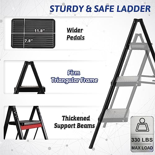 Double Elite Step Ladder 3 Step Folding, Sturdy 330 Lbs Small Step Stool for Adults, Safer Full Steel Multi-use Kitchen Ladder for Home, Closet Step Stool Ladder with Anti-Slip Wide Pedals, Black - Image 3
