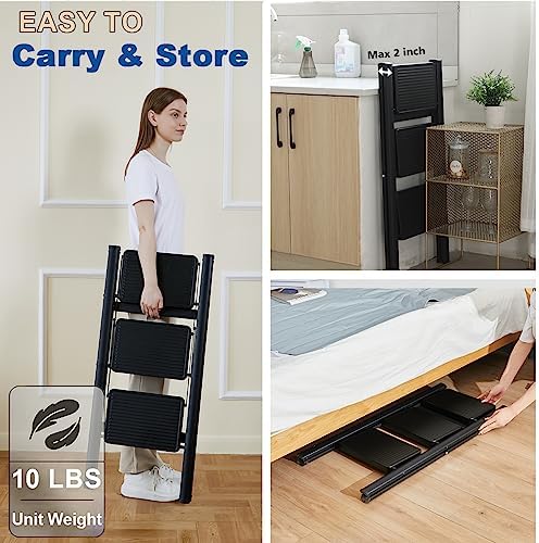Double Elite Step Ladder 3 Step Folding, Sturdy 330 Lbs Small Step Stool for Adults, Safer Full Steel Multi-use Kitchen Ladder for Home, Closet Step Stool Ladder with Anti-Slip Wide Pedals, Black - Image 4