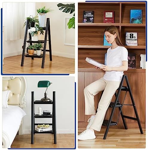 Double Elite Step Ladder 3 Step Folding, Sturdy 330 Lbs Small Step Stool for Adults, Safer Full Steel Multi-use Kitchen Ladder for Home, Closet Step Stool Ladder with Anti-Slip Wide Pedals, Black - Image 6
