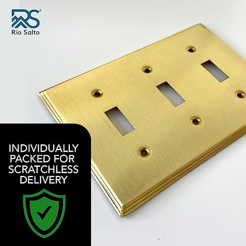 Rio Salto BRASS Modern Metal Gold Triple Toggle Light Switch Metal Wall Plate 3-Gang Toggle Wallplate Cover Wall Plate Light Switch Covers - Image 2