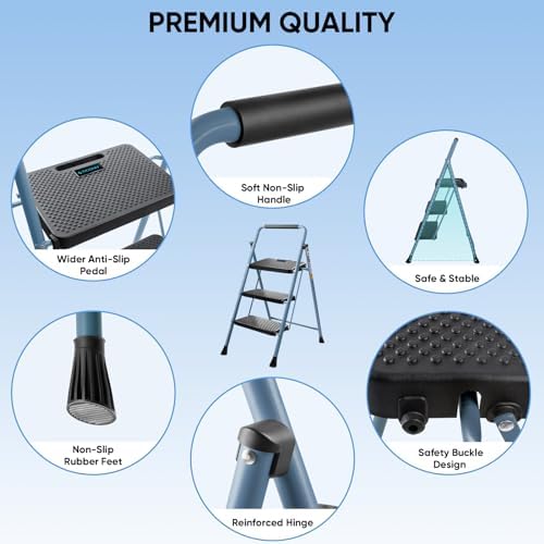 TICONN 3 Step Ladder, Heavy Duty Foldable Step Stool, Portable Steel Folding Stool for Household Garage Storage (Blue) - Image 2