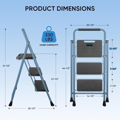 TICONN 3 Step Ladder, Heavy Duty Foldable Step Stool, Portable Steel Folding Stool for Household Garage Storage (Blue) - Image 3