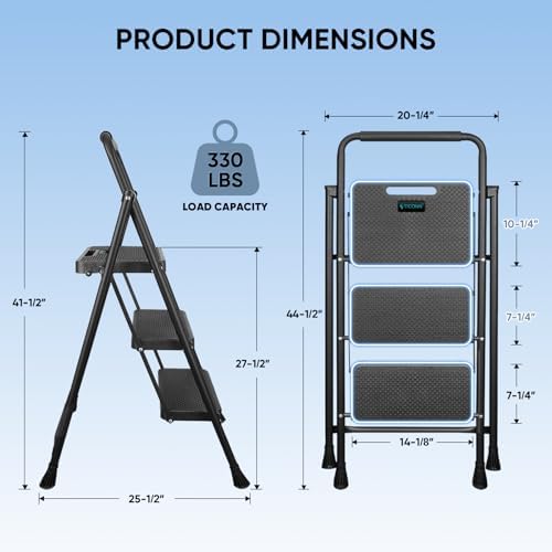 TICONN 3 Step Ladder, Heavy Duty Foldable Step Stool, Portable Steel Folding Stool for Household Garage Storage (Black) - Image 3
