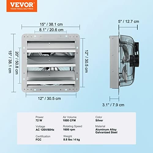 VEVOR 12'' Shutter Exhaust Fan, High-speed 1000 CFM, Aluminum Wall Mount Attic Fan with AC-motor, Ventilation and Cooling for Greenhouses, Garages, Sheds, Shops, FCC - Image 7