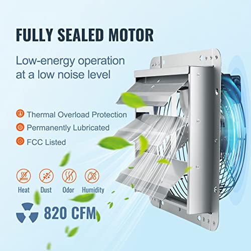 VEVOR 10'' Shutter Exhaust Fan, High-speed 820 CFM, Aluminum Wall Mount Attic Fan with AC-motor, Ventilation and Cooling for Greenhouses, Garages, Sheds, Shops, FCC (No Power Plug Included) - Image 3