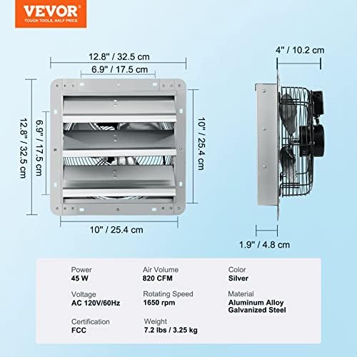 VEVOR 10'' Shutter Exhaust Fan, High-speed 820 CFM, Aluminum Wall Mount Attic Fan with AC-motor, Ventilation and Cooling for Greenhouses, Garages, Sheds, Shops, FCC (No Power Plug Included) - Image 7