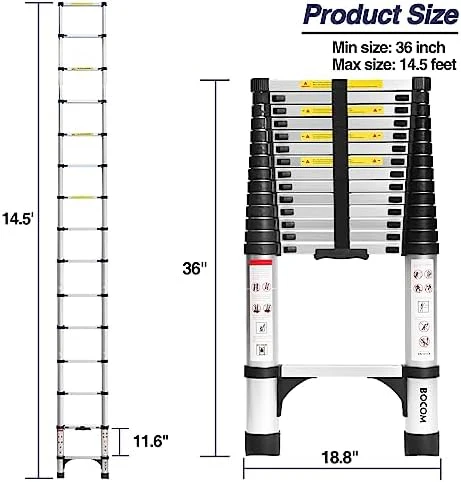 BOCOM 14.5 FT Aluminum Telescoping Ladder, Lightweight Multi-Purpose Collapsible Extension with 2 Triangle Stabilizers, Heavy Duty 330 lbs Max Capacity, Ideal for Home, RV, and Outdoor Work Silver - Image 5