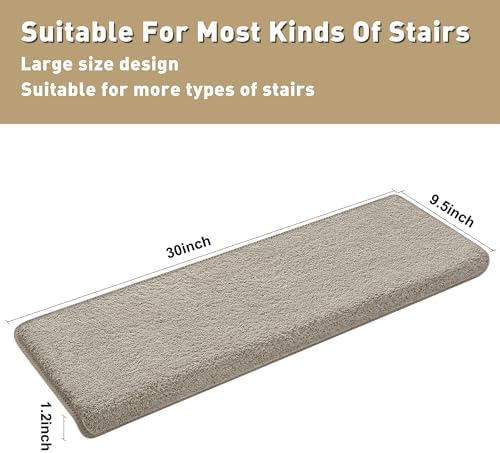 PURE ERA Carpet Stair Treads Ultra Plush 9.5" X 30"Soft Bullnose Indoor Stair Protectors Pet-Friendly Non-Slip Skid Resistant Tape Free Washable Reusable(14 Pieces, Cream Gray) - Image 3