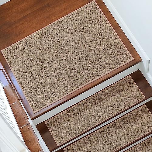 COSY HOMEER Edging Stair Treads Non-Slip Corner Indoor Stair Runners for Wooden Steps,Landing Slip Resistant Stair Rugs for Kids and Dogs, 100% Polyester TPE Backing,Beige,20"X32" - Image 2