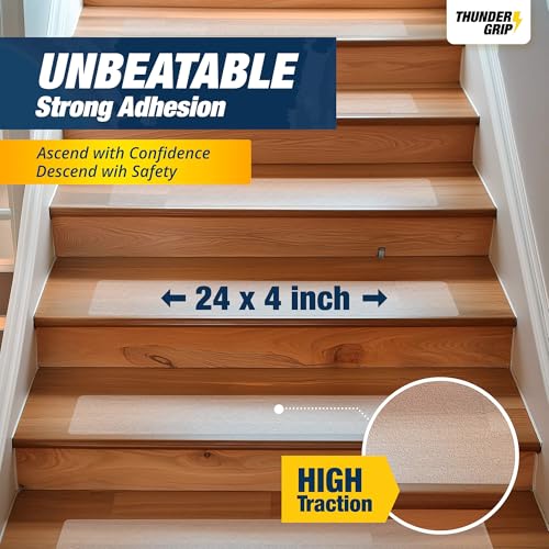 24"x4" Clear Non-Slip Stair Treads for Wooden Steps (18-Pack) - Self Adhesive Strips - Transparent Indoor - Image 3