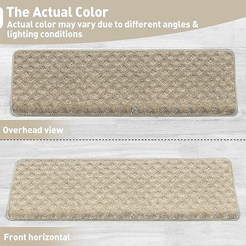 PURE ERA Bullnose Carpet Stair Treads Tape Free Non-Slip Indoor Stair Protectors Pet Friendly Stair Treads for Wooden Steps 9.5" x 30"(14 Pieces,Cream Gray Mini-Diamond Trellis) - Image 7