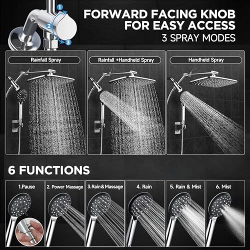 Veken Wide Rain Shower Head with 6 Modes Handheld Water Spray,High Pressure Showerhead Combo with Arm for Bathroom Accessories,Home Decor Detachable Dual Shower with Anti-Clog Nozzles,Silver Chrome - Image 3